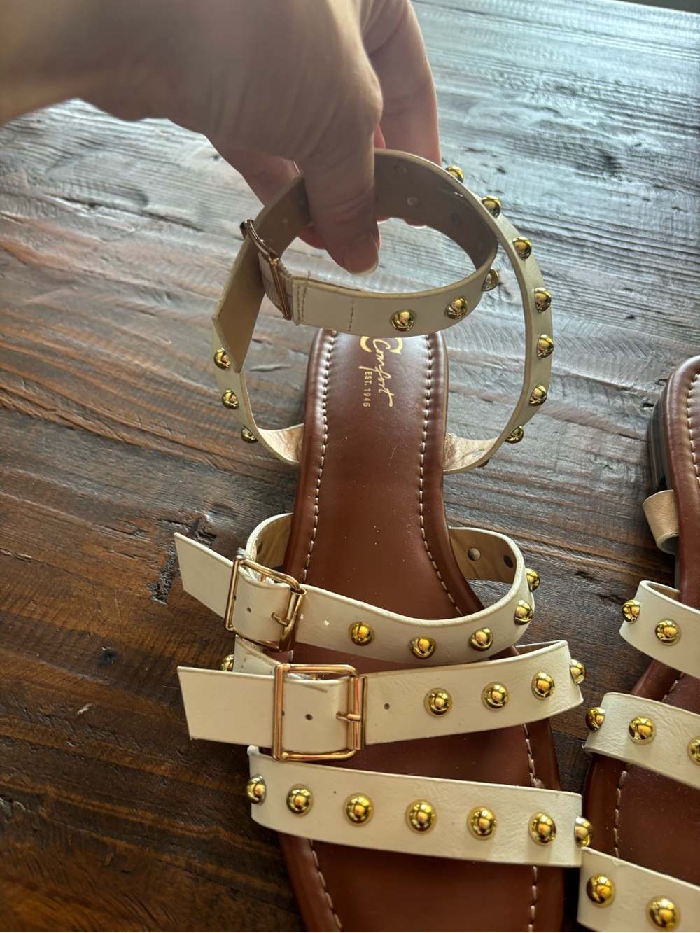 Comfort Cream Strappy Sandals with Gold Studs and Tan Footbed